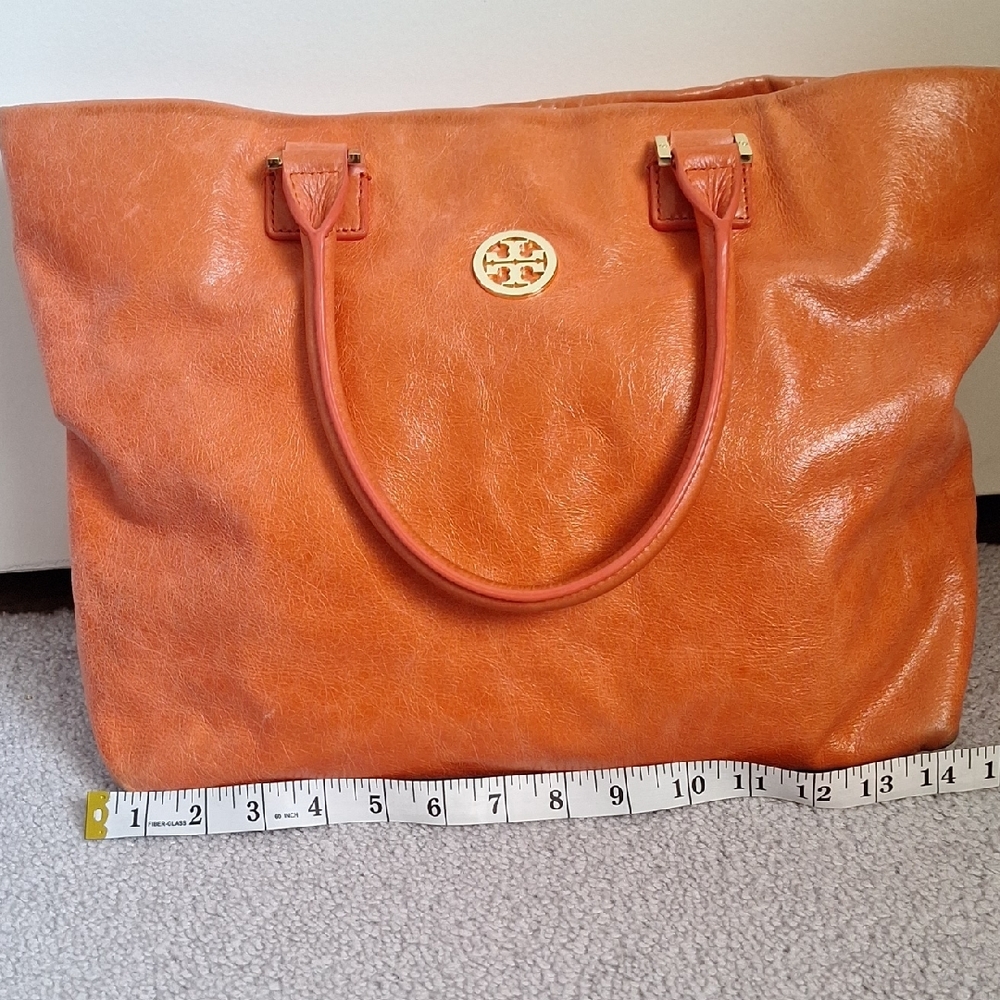 Tory Burch Orange Structured Leather Tote - Picture 3 of 12